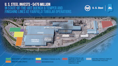 Aerial view of U.S. Steel Fairfield tubular operations facility showing $475 million investment in new quench and temper lines, finishing lines, and warehouse expansion.