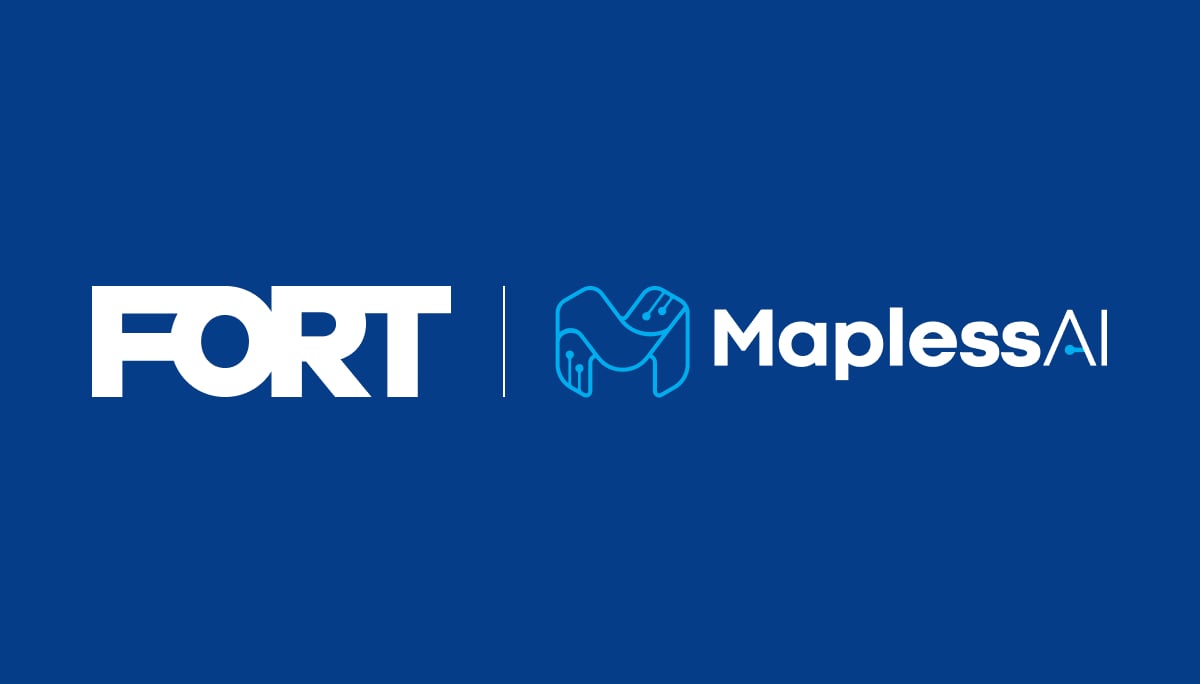 FORT and Mapless AI partnership logo with white text and geometric icon on blue background