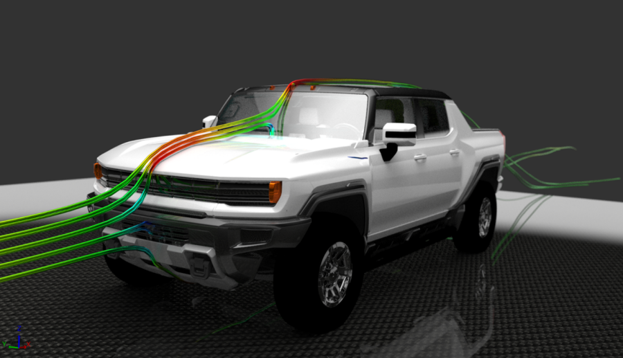 White GMC Hummer EV truck with aerodynamic flow visualization lines in green, red, and blue