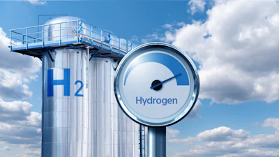 Hydrogen storage tank with gauge meter displaying hydrogen fuel capacity against blue sky