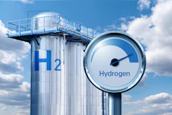 Hydrogen storage tank with gauge meter displaying hydrogen fuel capacity against blue sky