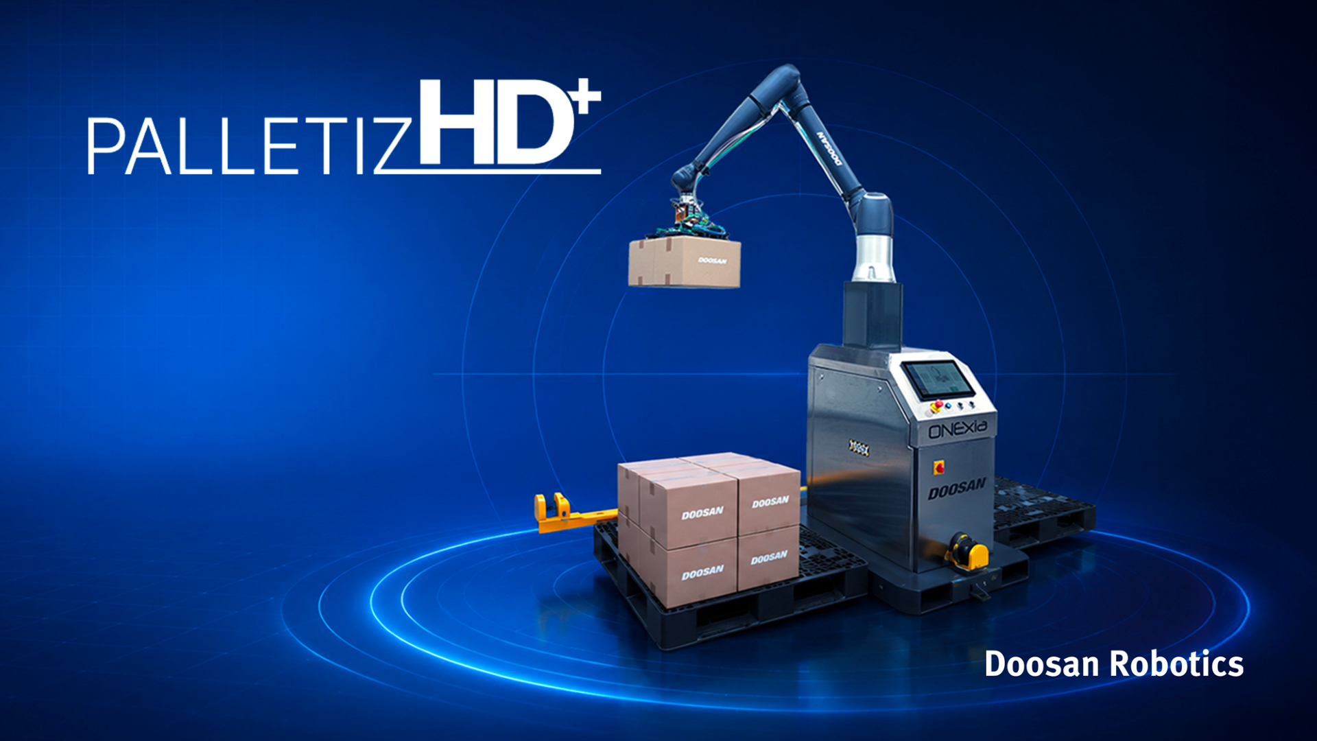 Doosan Robotics PALLETIZ HD+ automated palletizing system with robotic arm handling cardboard boxes on blue background