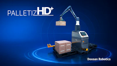 Doosan Robotics PALLETIZ HD+ automated palletizing system with robotic arm handling cardboard boxes on blue background