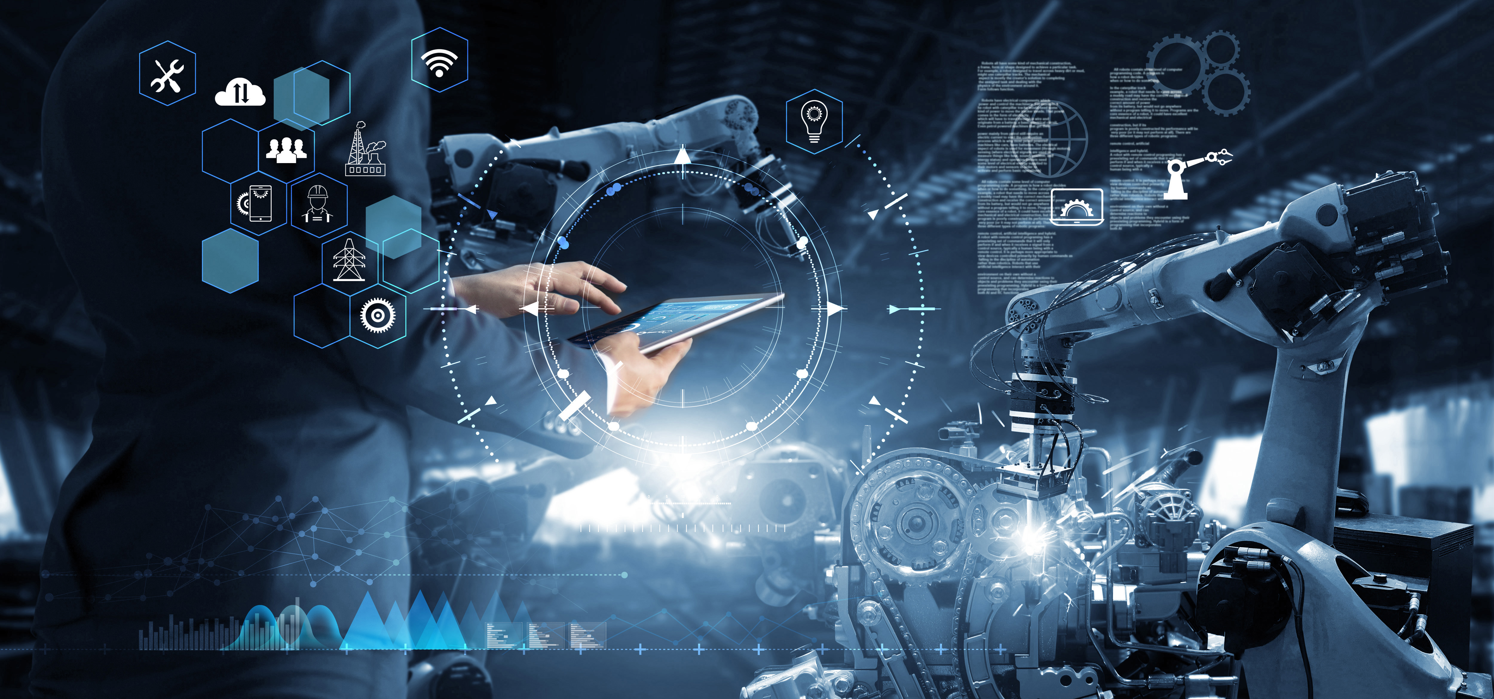Industrial automation scene with robotic arms, digital interfaces, and technology icons representing smart manufacturing and IoT connectivity