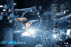 Industrial automation scene with robotic arms, digital interfaces, and technology icons representing smart manufacturing and IoT connectivity