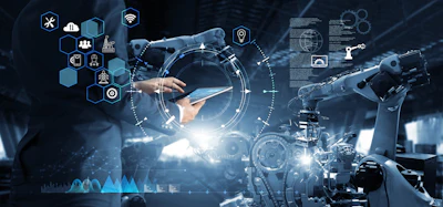 Industrial automation scene with robotic arms, digital interfaces, and technology icons representing smart manufacturing and IoT connectivity