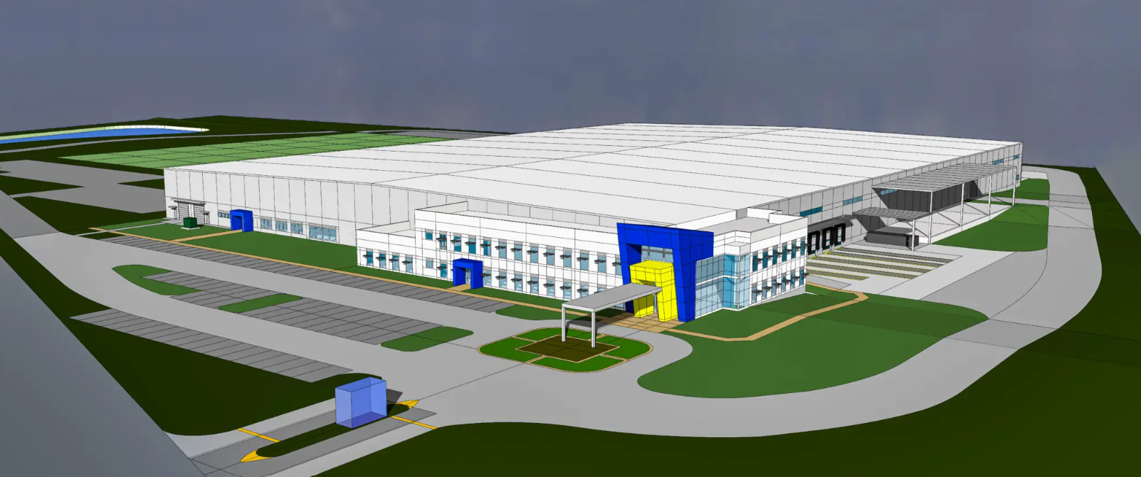 Modern industrial facility with white metal roof, blue and yellow accents, loading dock, and green landscaping in architectural rendering