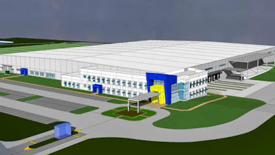 Modern industrial facility with white metal roof, blue and yellow accents, loading dock, and green landscaping in architectural rendering