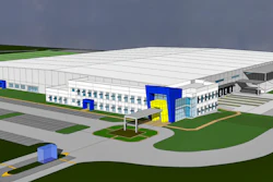 Modern industrial facility with white metal roof, blue and yellow accents, loading dock, and green landscaping in architectural rendering