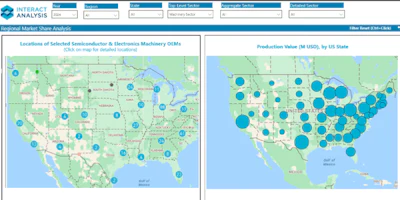 US regional market analysis maps showing semiconductor and electronics machinery OEM locations and production values by state