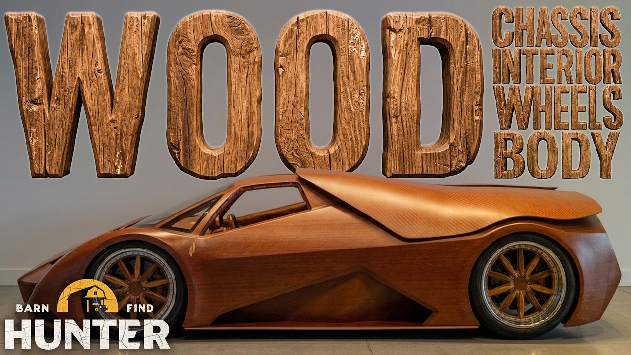 Wooden sculpture of a sports car with 'WOOD' text and Barn Hunter Find watermark