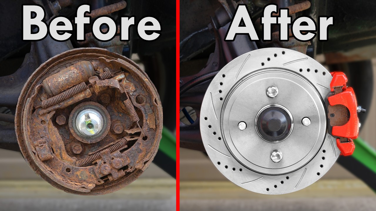 Before and after brake disc restoration showing rusty corroded rotor transformed to polished metal finish with red caliper