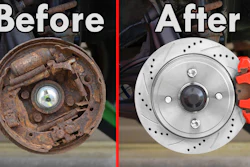 Before and after brake disc restoration showing rusty corroded rotor transformed to polished metal finish with red caliper