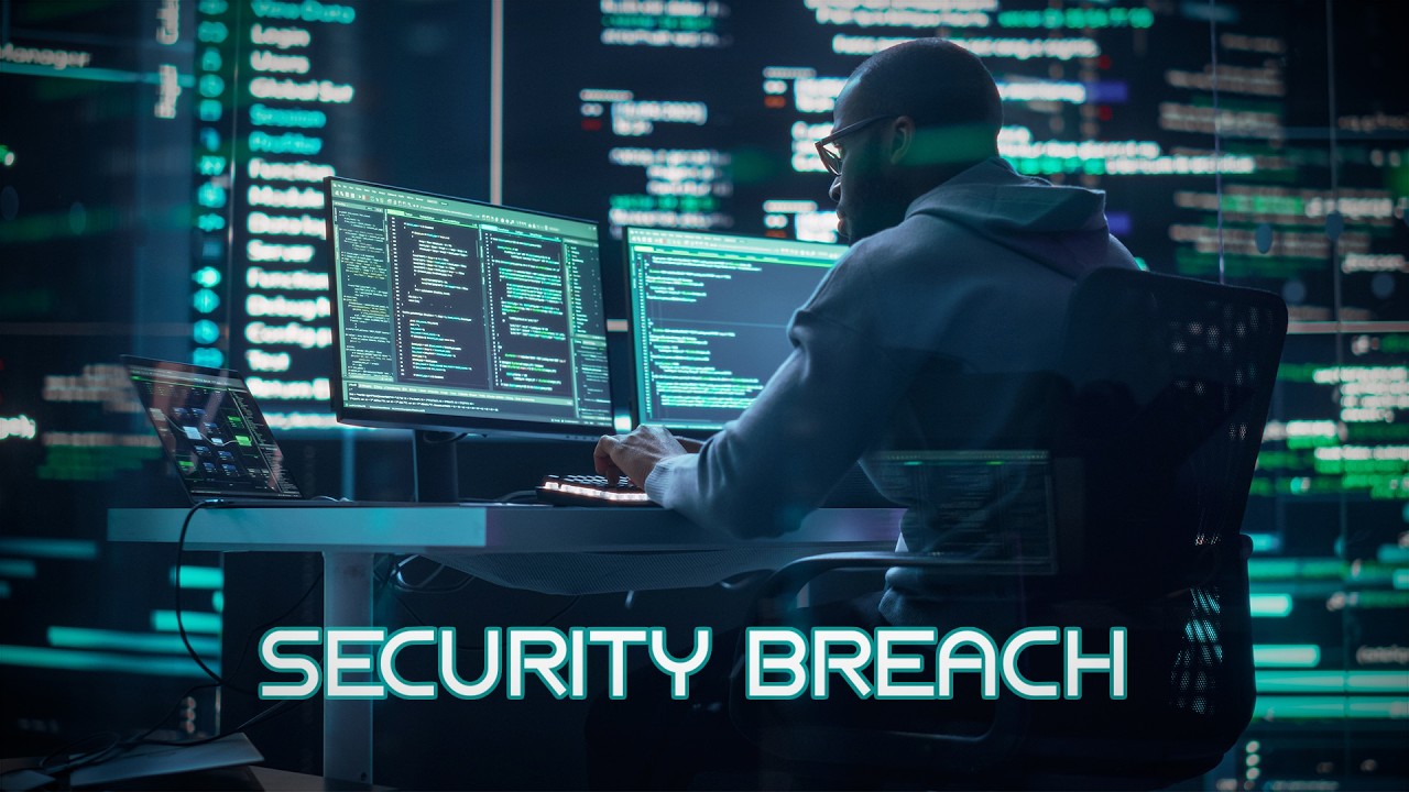 Developer monitoring code on multiple screens with security breach alert overlay in dark tech environment