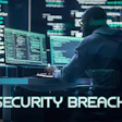 Developer monitoring code on multiple screens with security breach alert overlay in dark tech environment