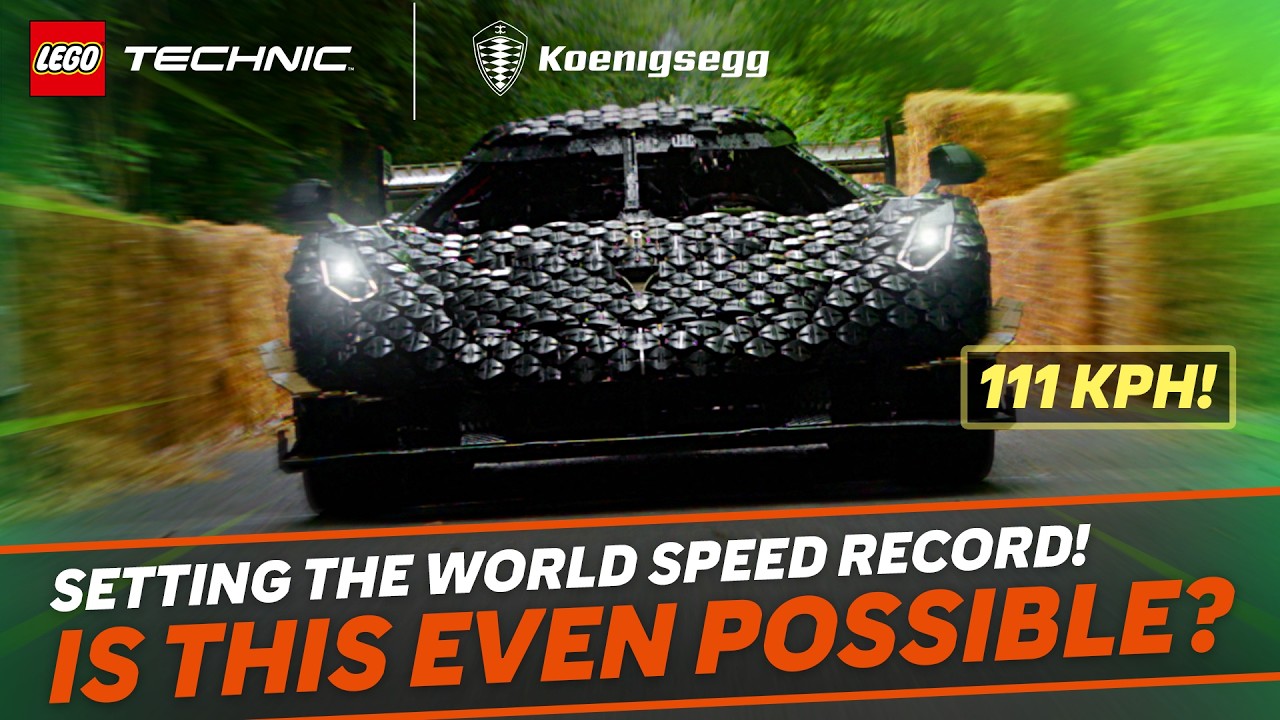 LEGO Technic Koenigsegg hypercar racing at 111 KPH with motion blur, promoting world speed record challenge