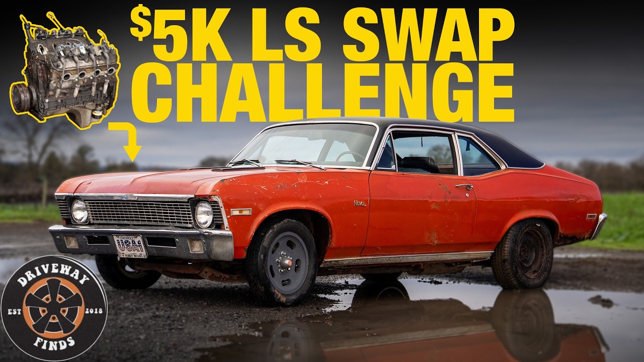 Red 1970s Chevrolet Nova parked in wet conditions with $5K LS Swap Challenge text overlay