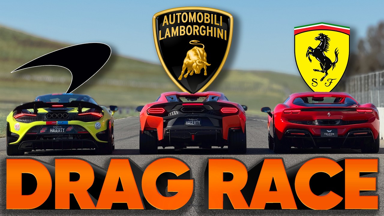 Three luxury supercars lined up for a drag race with Lamborghini, Ferrari, and sports car logos displayed above
