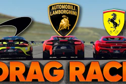 Three luxury supercars lined up for a drag race with Lamborghini, Ferrari, and sports car logos displayed above