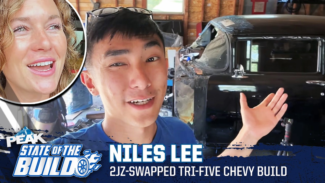Niles Lee showcasing 2JZ-swapped tri-five Chevy build in workshop