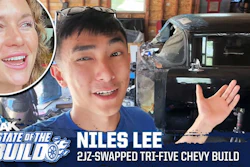 Niles Lee showcasing 2JZ-swapped tri-five Chevy build in workshop