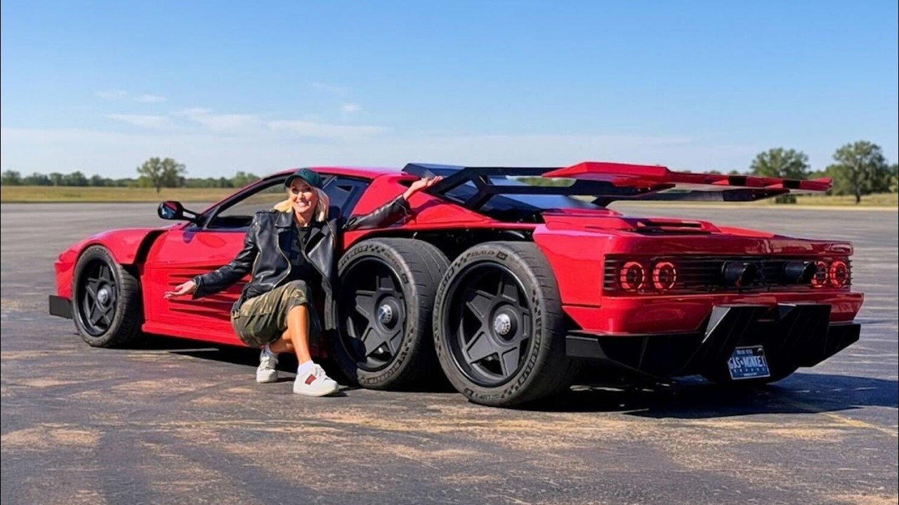 Person posing with red Ferrari sports car on empty airfield runway