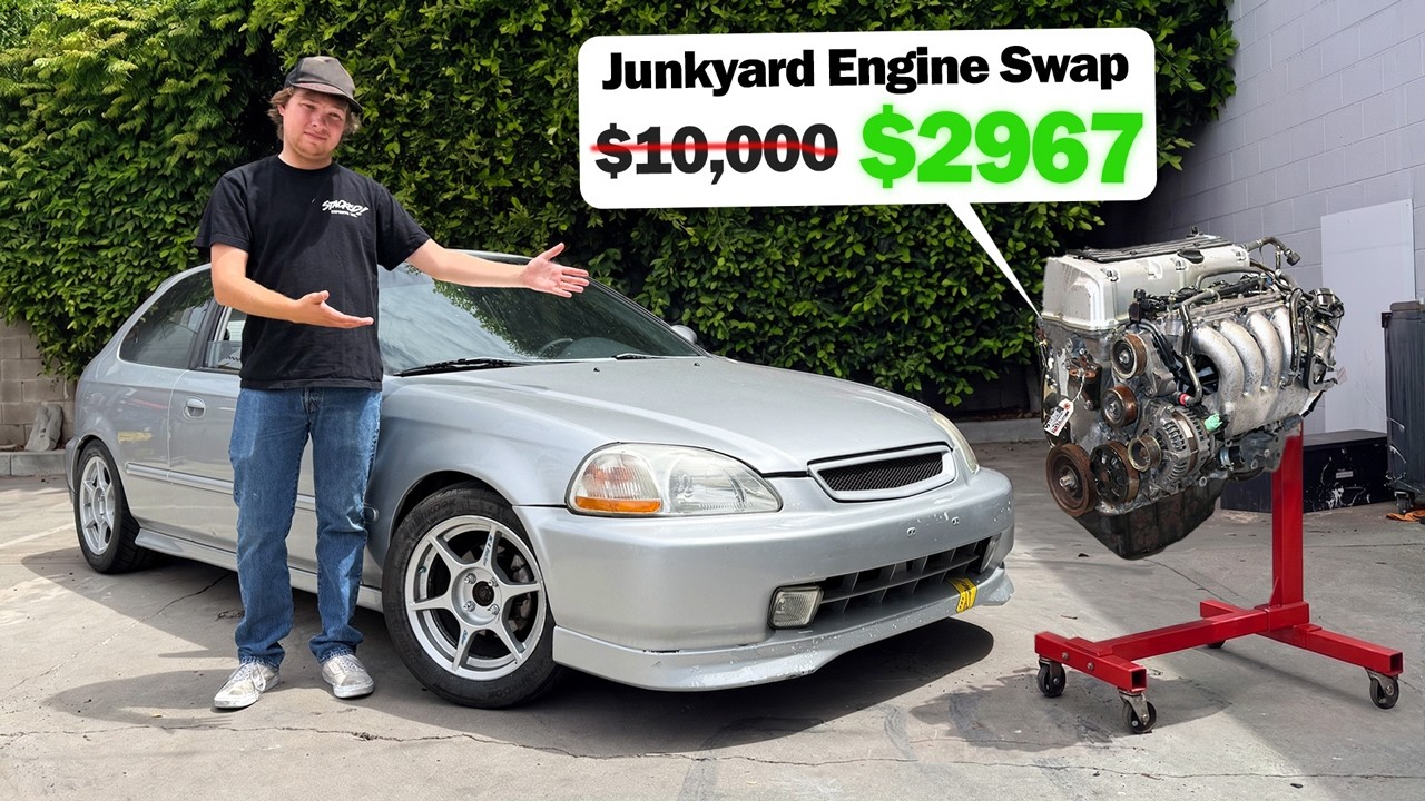 Mechanic promoting junkyard engine swap service, showing silver Honda Civic and replacement engine with pricing comparison.