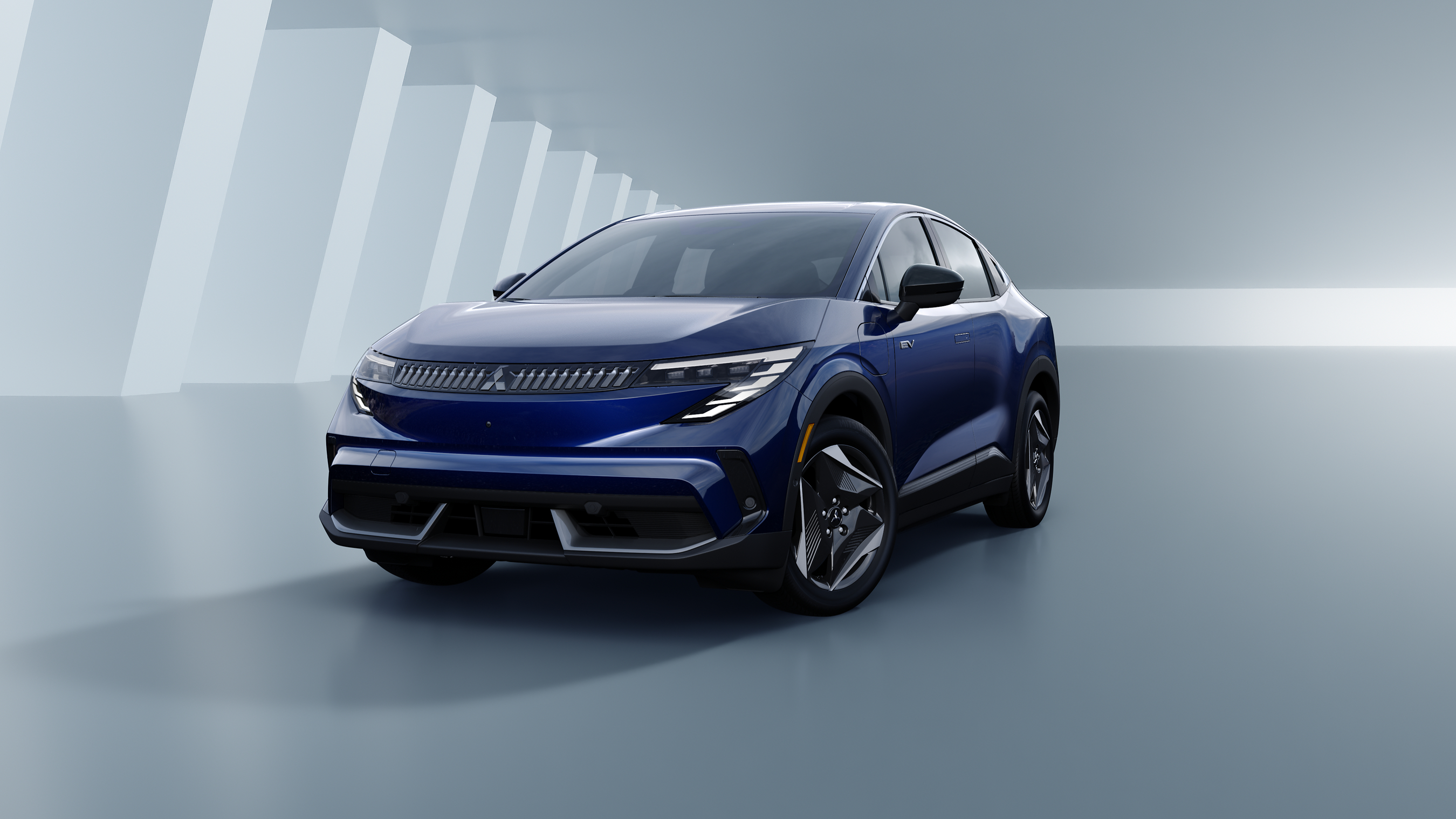 Blue Peugeot 3008 electric SUV displayed in a modern studio setting with geometric white architectural backdrop