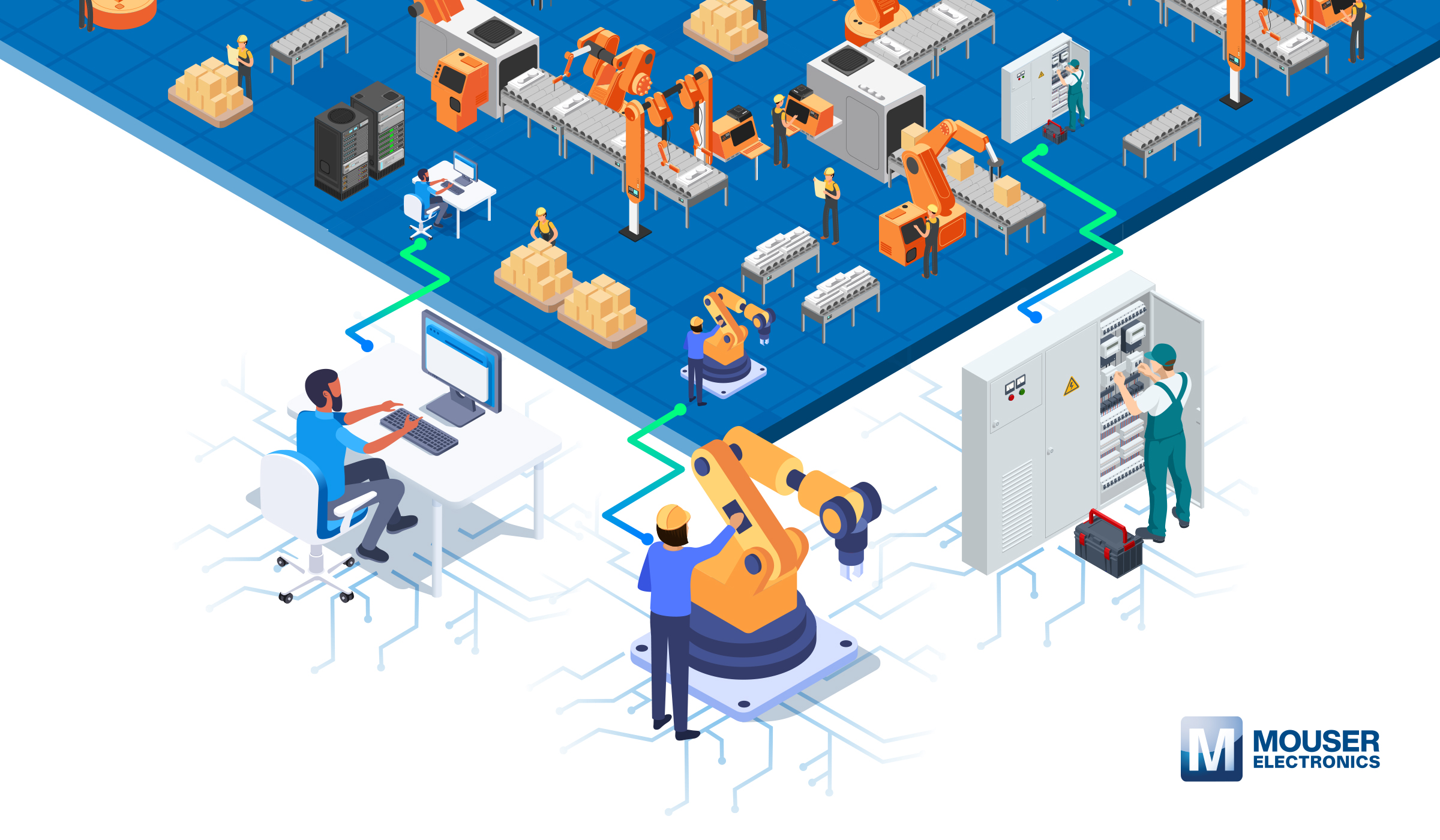 Isometric illustration of smart factory automation with workers monitoring industrial robots and machinery, featuring Mouser Electronics logo