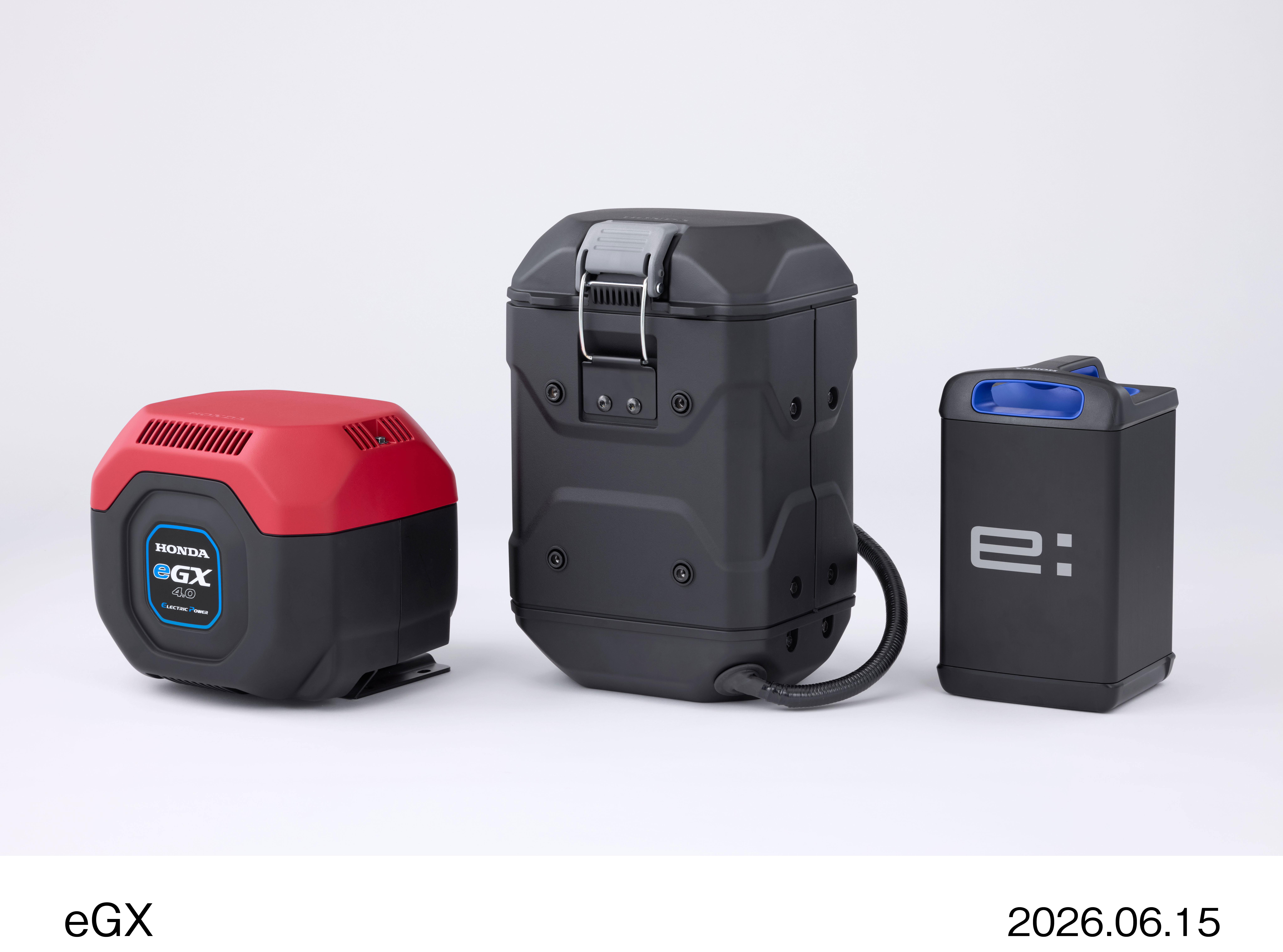 Three Honda portable power generators: red eGX compact model, black eGX backpack unit, and black eI battery storage device displayed side by side
