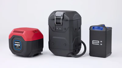 Three Honda portable power generators: red eGX compact model, black eGX backpack unit, and black eI battery storage device displayed side by side