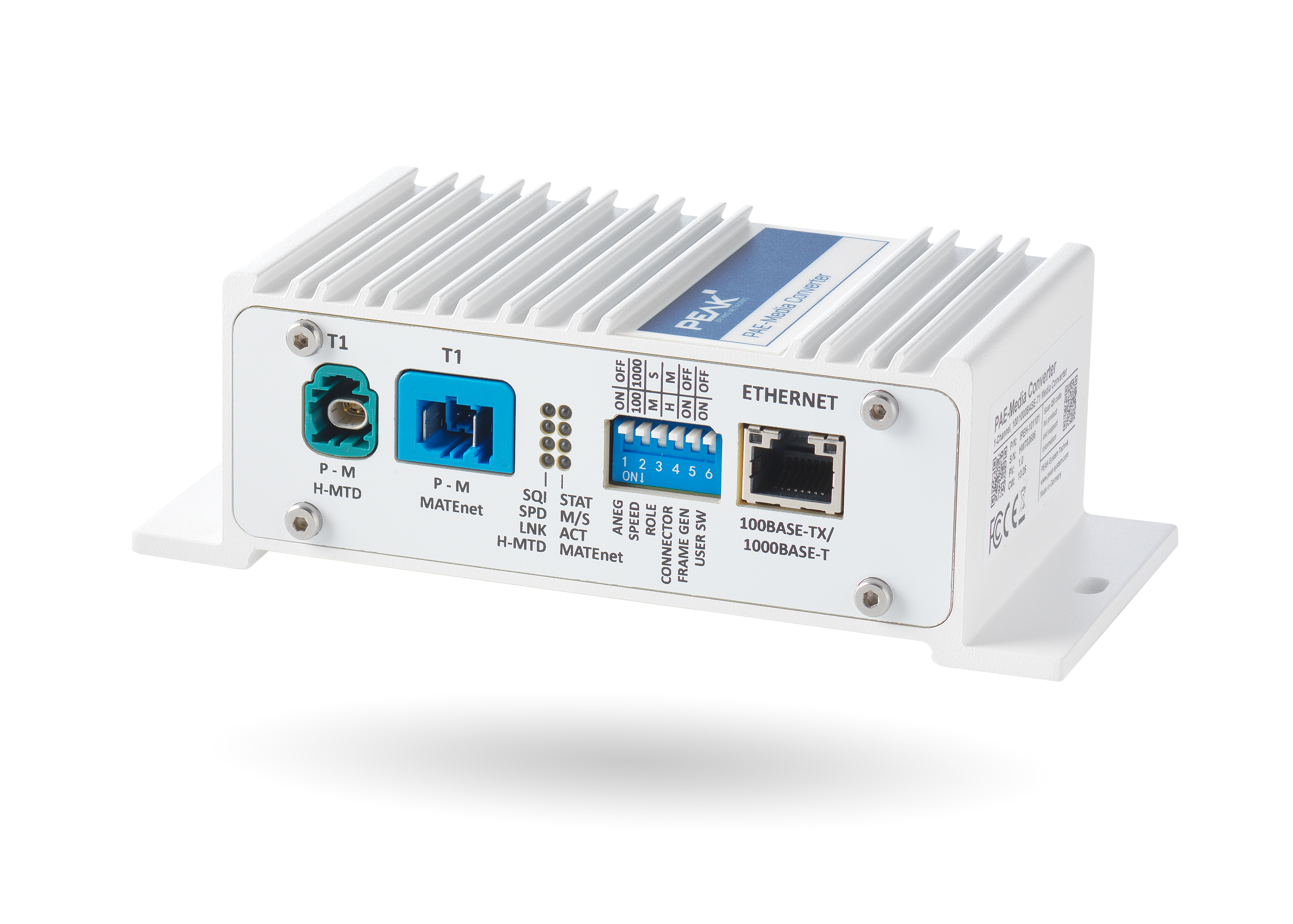 Industrial networking device with Ethernet ports, fiber optic connectors, and terminal blocks mounted on white casing