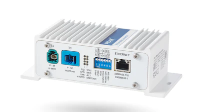 Industrial networking device with Ethernet ports, fiber optic connectors, and terminal blocks mounted on white casing