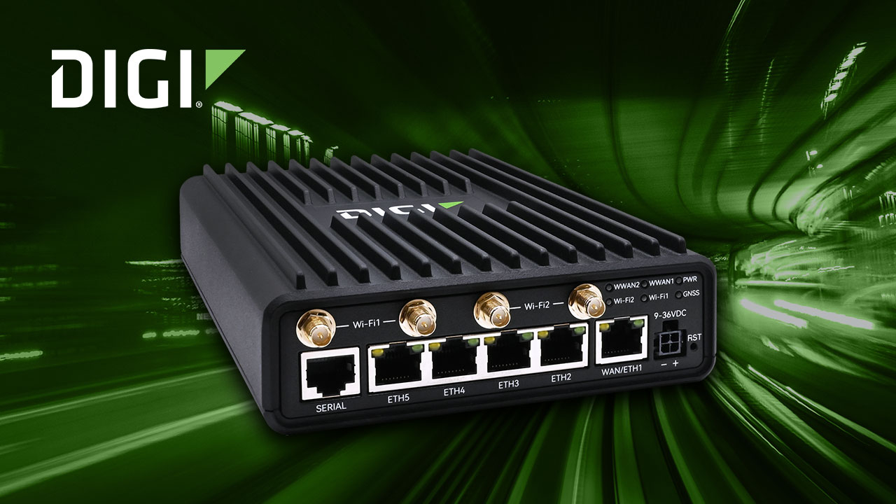 DIGI industrial networking device with multiple Ethernet ports and wireless connectivity options on green digital background