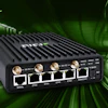 DIGI industrial networking device with multiple Ethernet ports and wireless connectivity options on green digital background