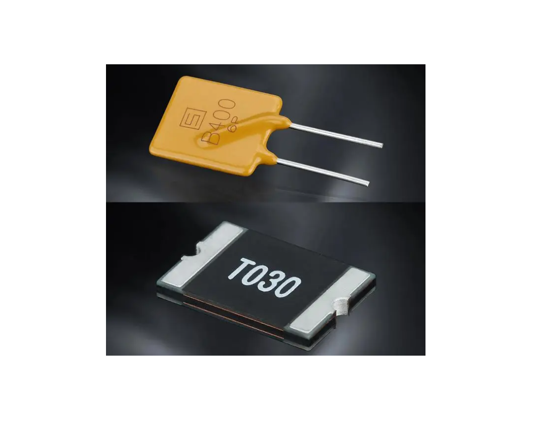 Yellow PTC thermistor fuse with white leads and black SMD 7030 resistor component on dark background