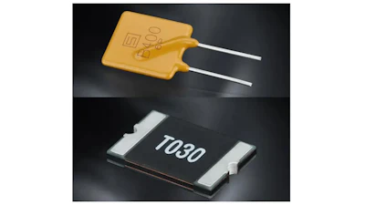 Yellow PTC thermistor fuse with white leads and black SMD 7030 resistor component on dark background