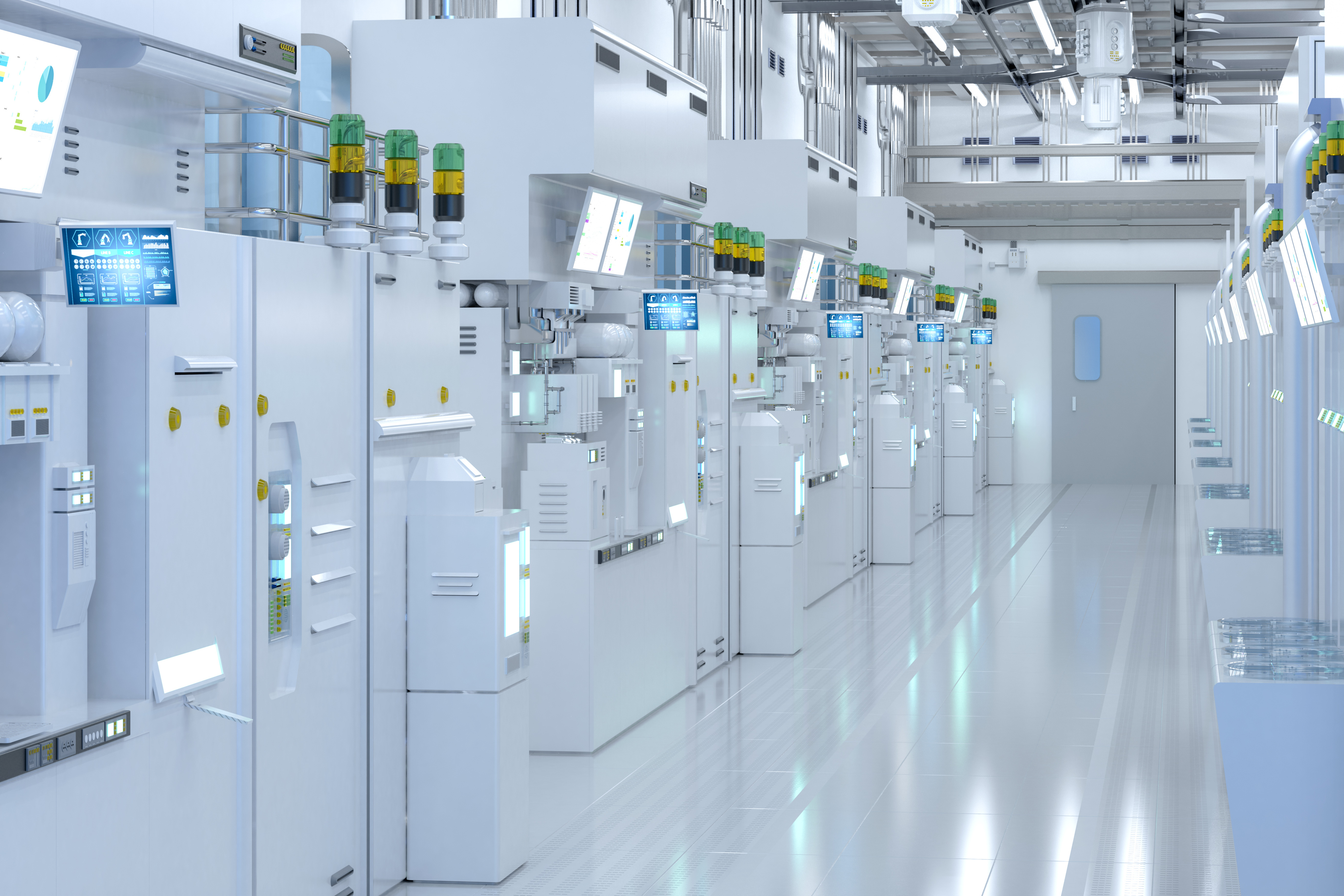 Modern industrial manufacturing facility with rows of white equipment, control panels, and overhead lighting in a clean, bright workspace.