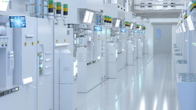 Modern industrial manufacturing facility with rows of white equipment, control panels, and overhead lighting in a clean, bright workspace.