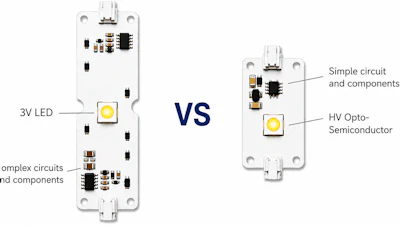 Comparison of two circuit board designs: complex multi-component board versus simple circuit with HV opto-semiconductor and LED