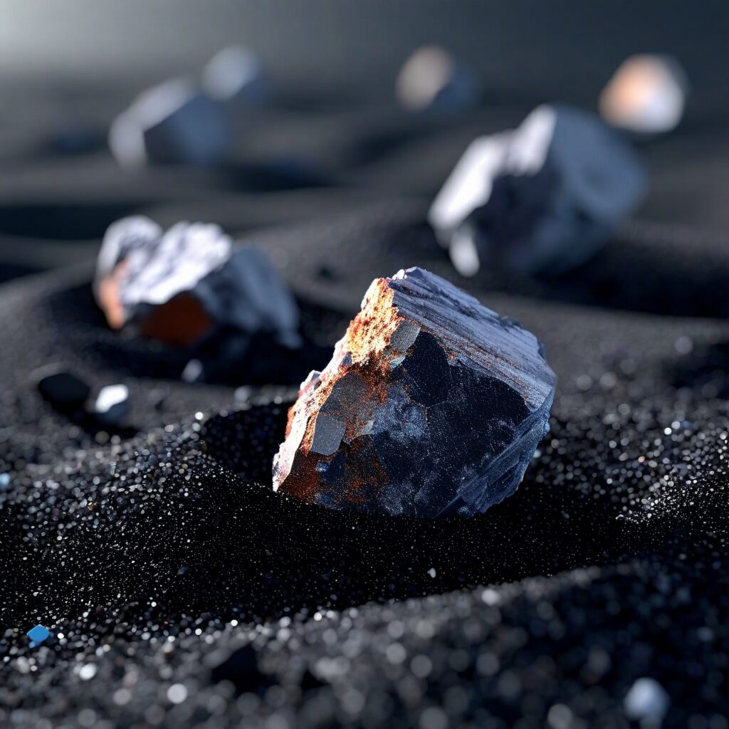 Dark mineral specimens with golden-brown crystals arranged on black sand with selective focus