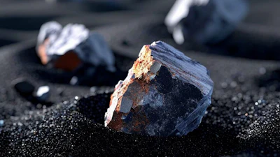 Dark mineral specimens with golden-brown crystals arranged on black sand with selective focus