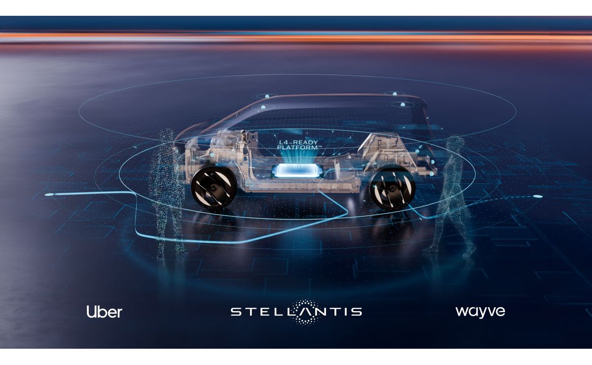 Autonomous vehicle partnership visualization showing transparent car design with Uber, Stellantis, and Wayve branding