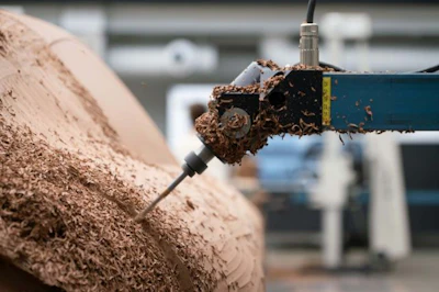 Industrial wood chipping machine processing log with debris discharge