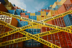 Stacked shipping containers at port with yellow caution tape labeled 'TARIFFS' symbolizing trade restrictions and import costs.