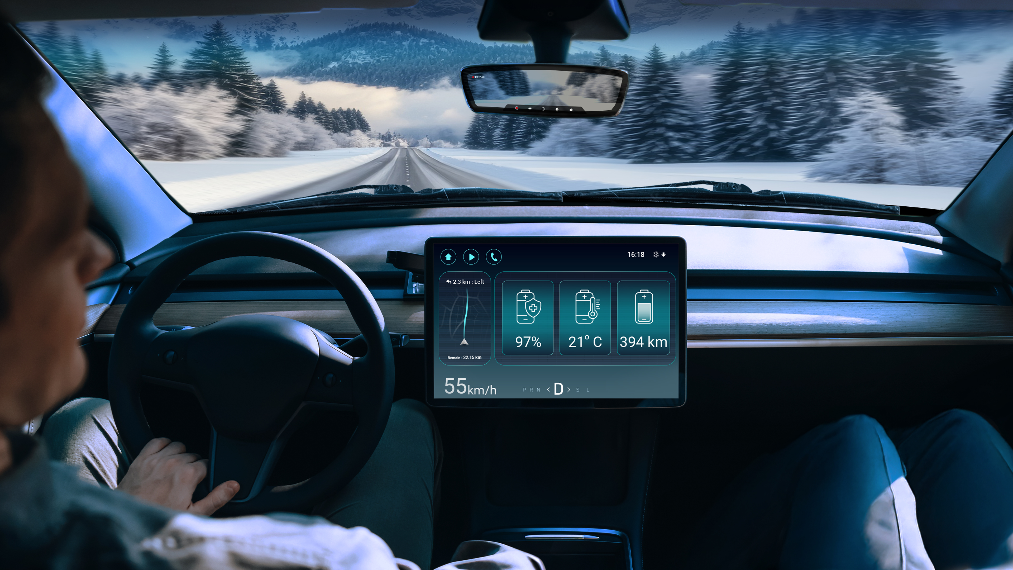 Driver's view of snowy mountain road with digital dashboard displaying speed, temperature, battery level, and distance traveled.
