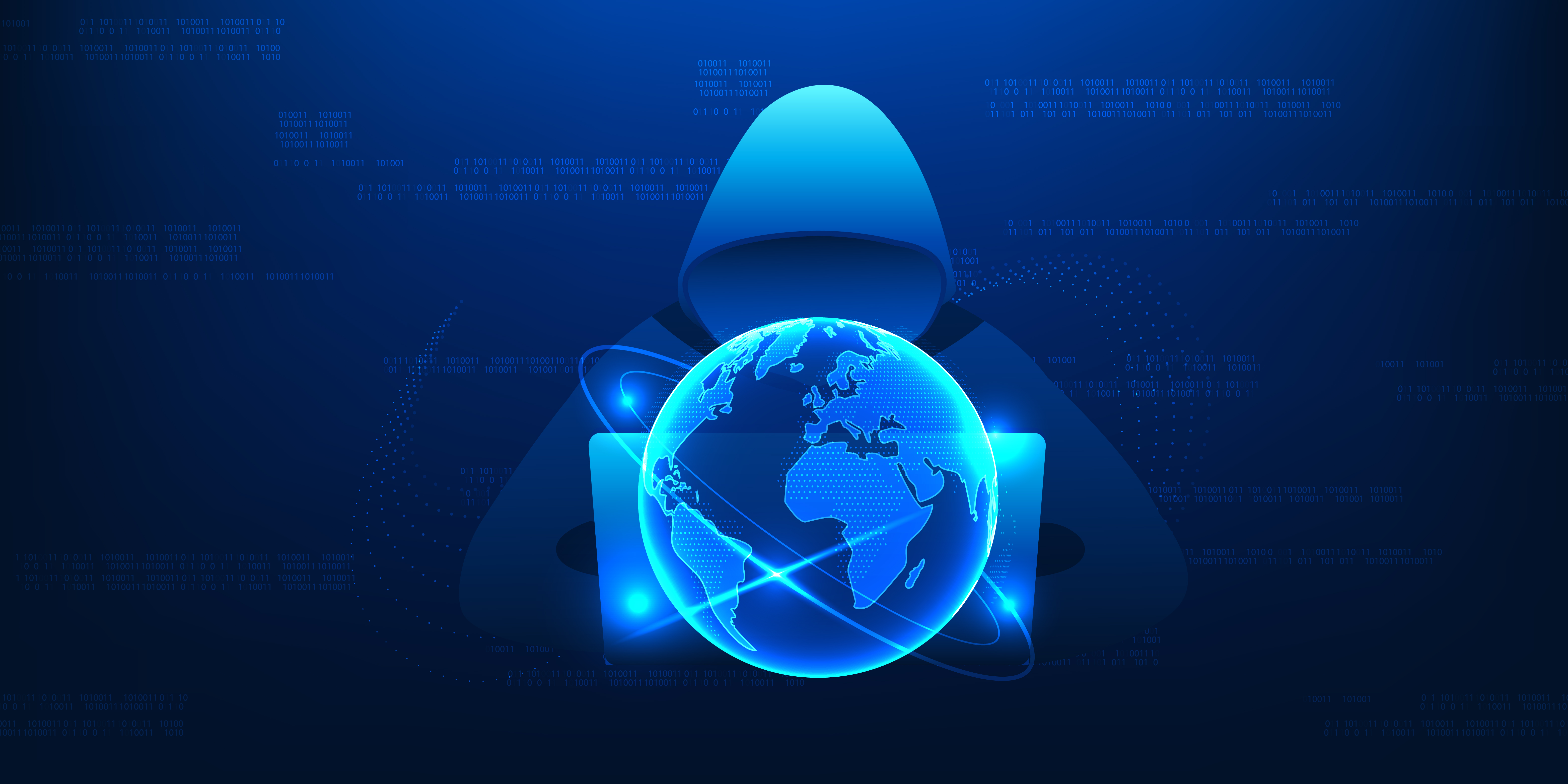 Hooded figure holding glowing blue globe with digital network connections on dark blue background