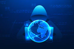 Hooded figure holding glowing blue globe with digital network connections on dark blue background