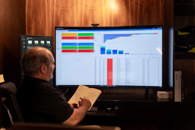Professional analyzing colorful business dashboards and data charts on a large monitor