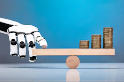 Robotic hand balancing stacked coins on a wooden seesaw, representing AI-driven financial management and balance.